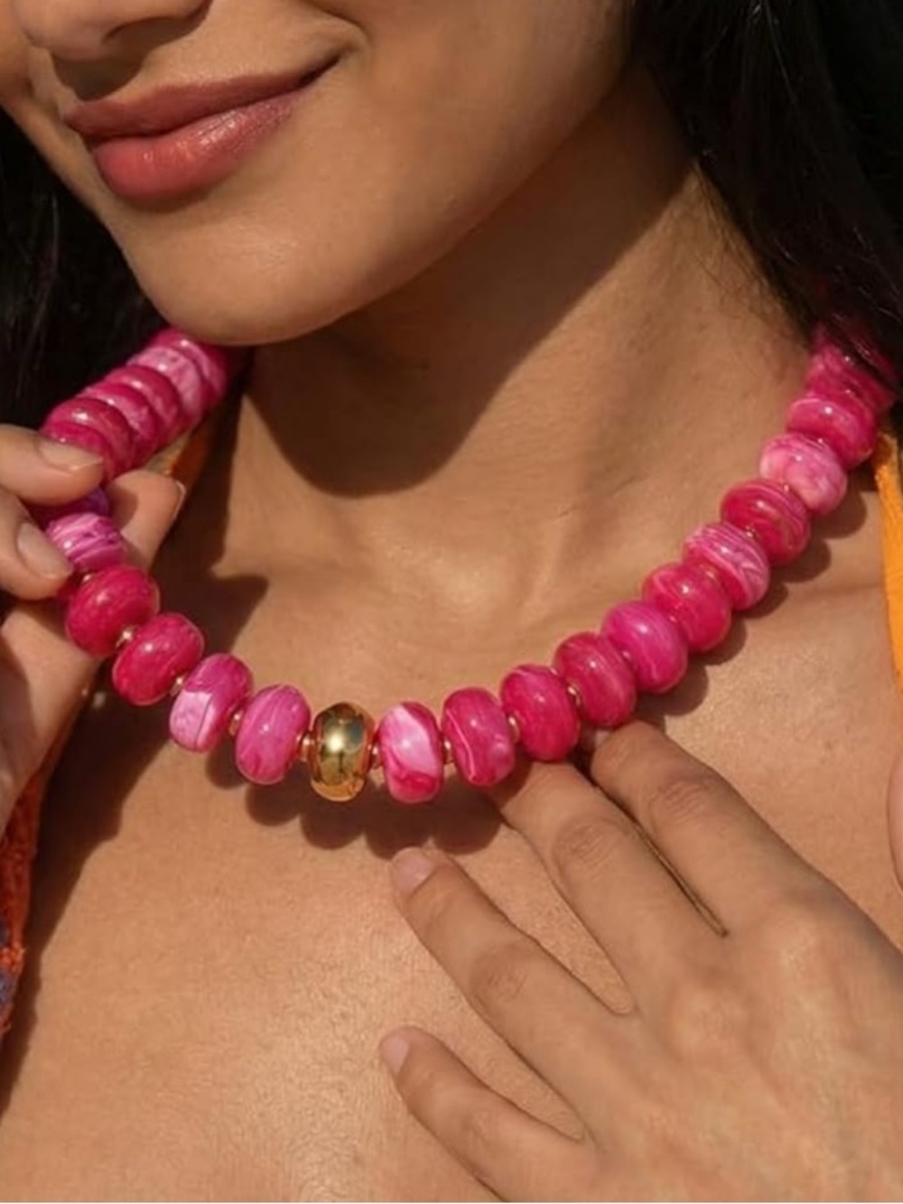 Hot Pink Beaded Necklace with Gold Center